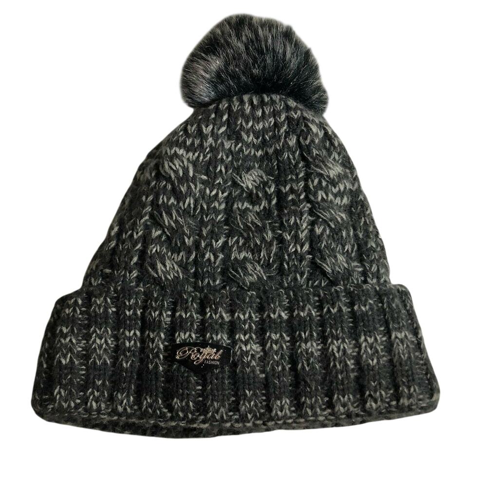 Royal Fashion Lined Beanie Faux Fur Pom Pom Grey Sock Hat EUC